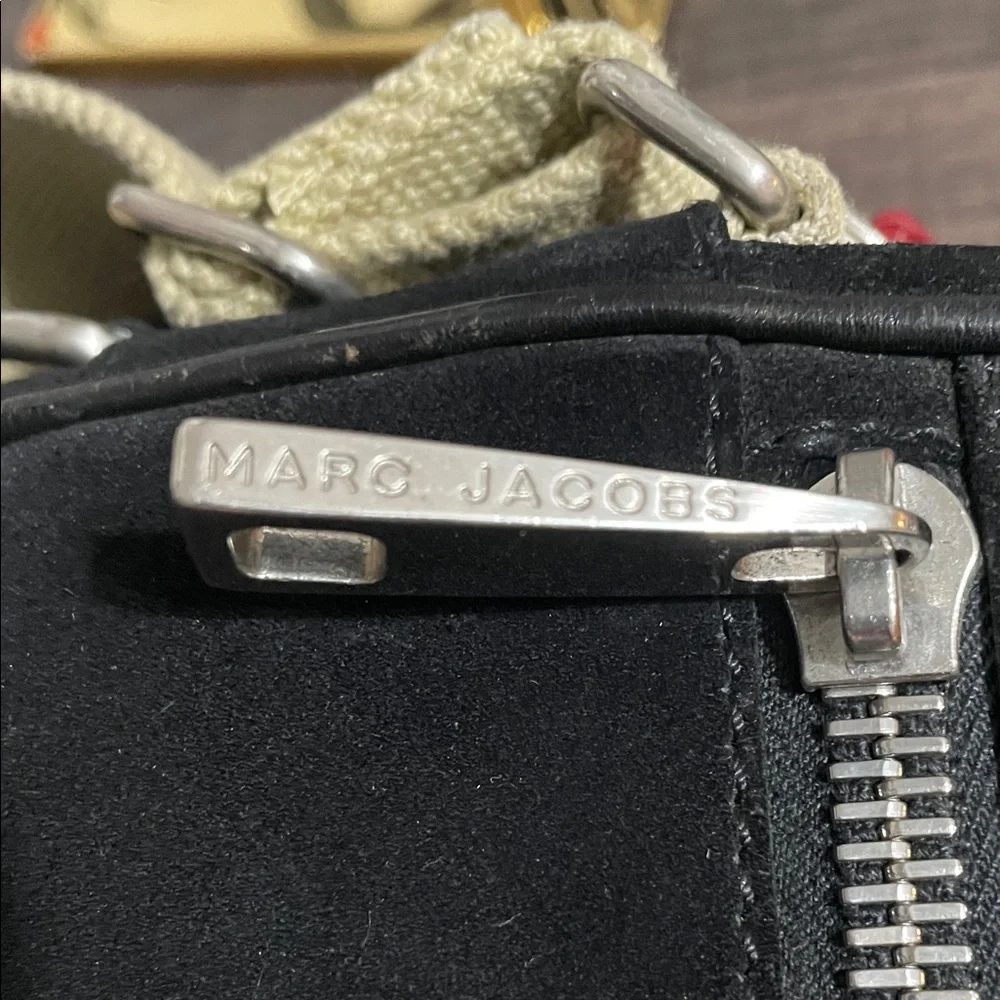Marc Jacobs Suede Vintage Black Crossbody with Cream Strap and Red M Charm